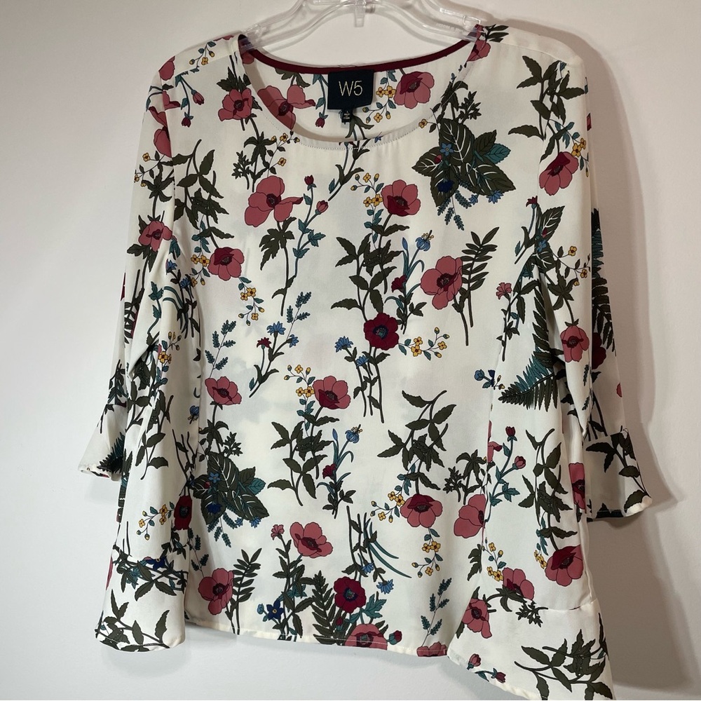 W5 Women's Floral Blouse - Light Ivory, Mauve and Green. ~Size L~ Professional